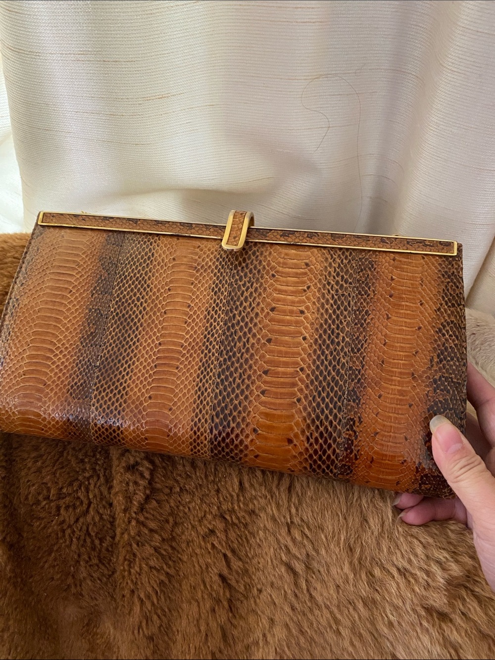 Brown authentic vintage Snakeskin Clutch with Gold Chain - Picture 3 of 4
